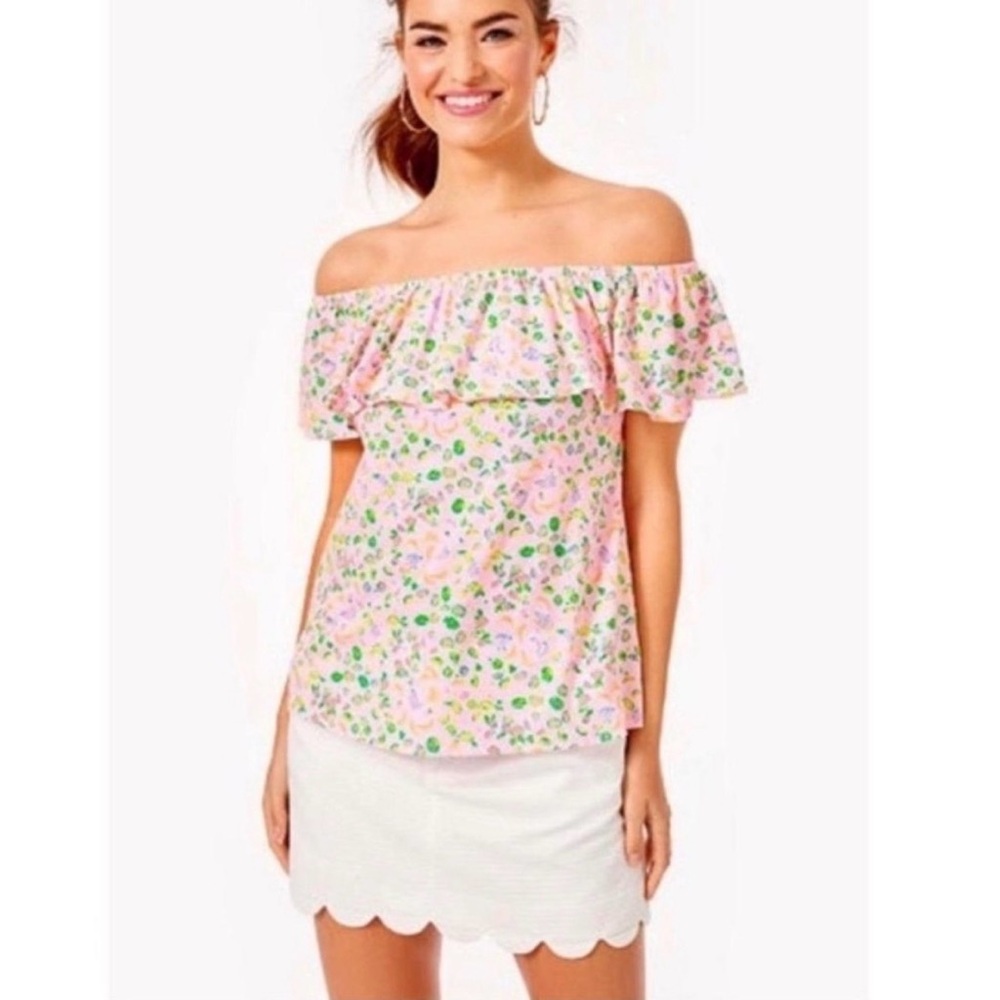 Lilly Pulitzer shirt La Fortuna off Shoulder Top Urchin Pink Lil Juicy fruit XS